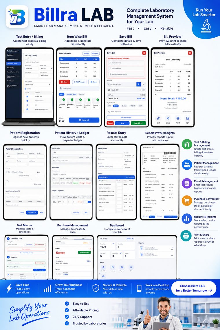Billra LAB bill preview screen — laboratory invoice with test items and grand total
