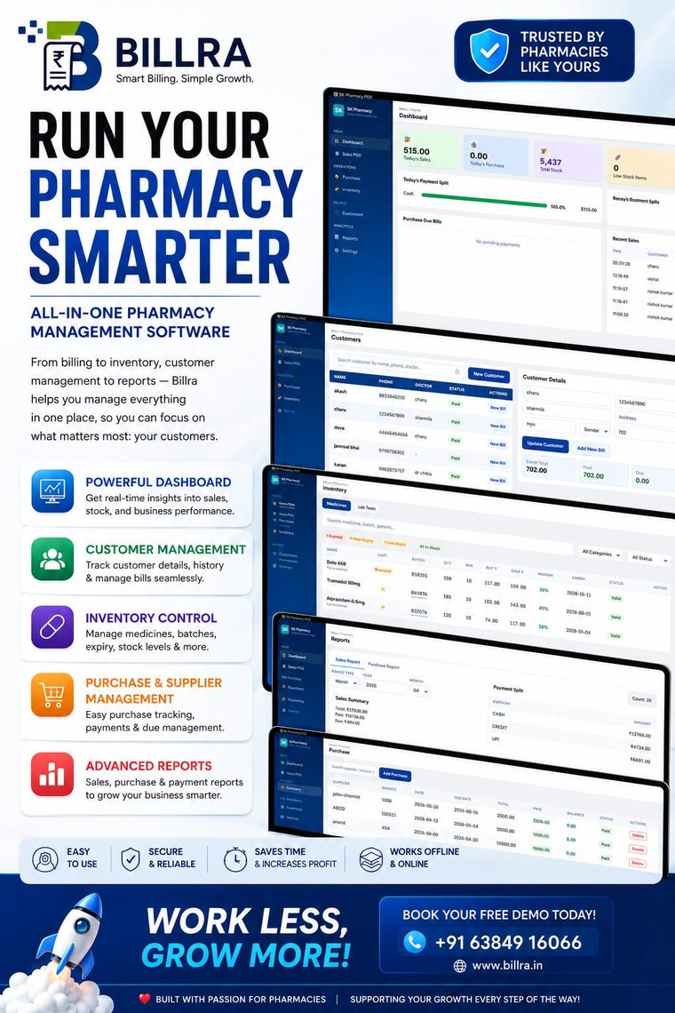 Billra POS for Pharmacy — dashboard, item wise billing, quick bill, purchase and items screens